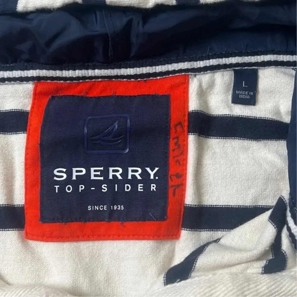 Sperry Top-Sider full Zip Hoodie White/Navy Blue Striped Sweatshirt Mens Large